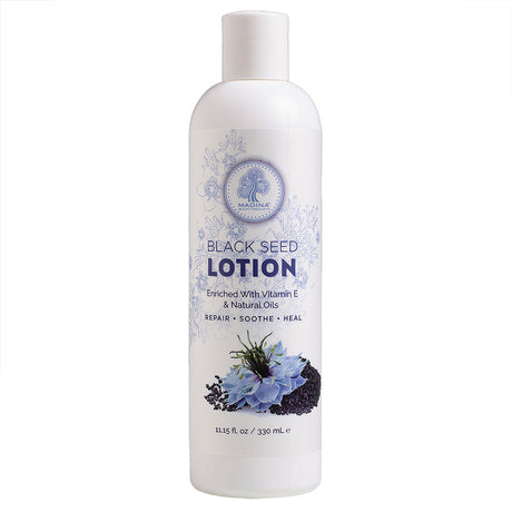 White bottle of Black Seed Lotion with floral design on a white background