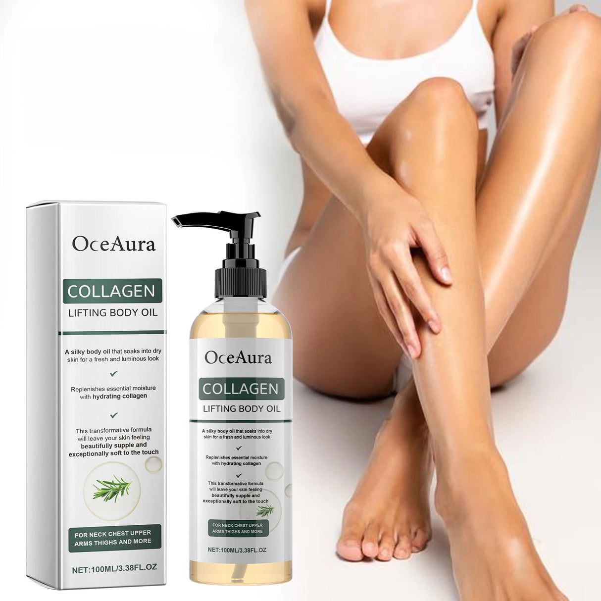 OceAura Collagen Lifting Body Oil with packaging and a model showcasing smooth skin.