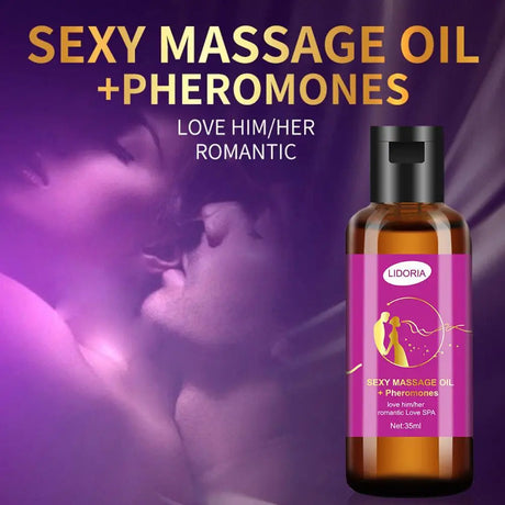 Bottle of LIDORIA sexy massage oil with a romantic background