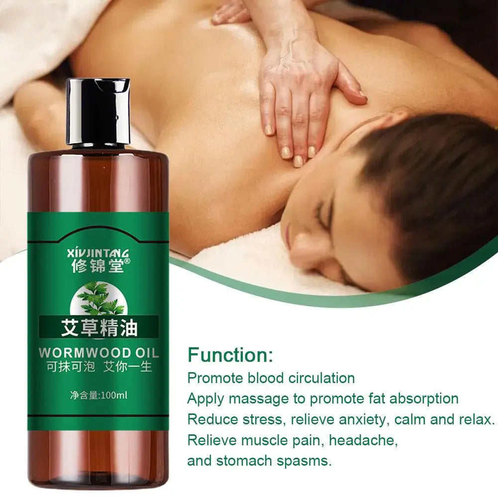 Bottle of wormwood oil with a massage scene and product description text.