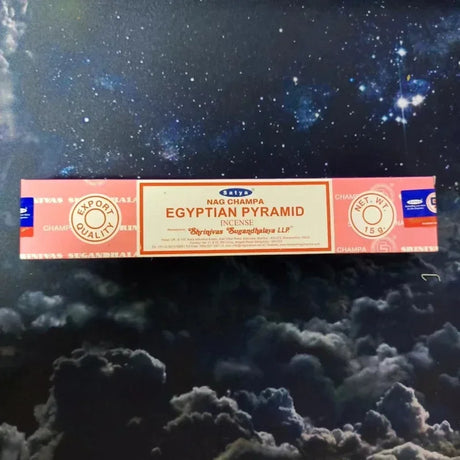 Box of Egyptian Pyramid incense on a space-themed background