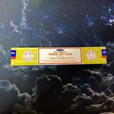 Box of Nag Champa Tree of Life incense on a starry night background