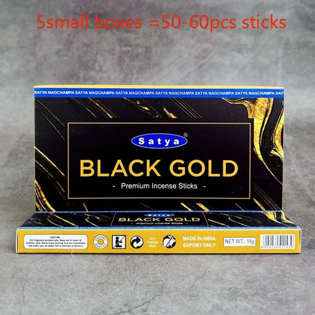 Box of Satya Black Gold Premium Incense Sticks on a gray background