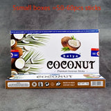 Box of Satya Coconut Premium Incense Sticks on a gray background