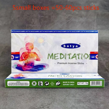 Box of Satya Meditation premium incense sticks on a gray background
