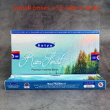 Box of Satya Rain Forest incense sticks on a gray background