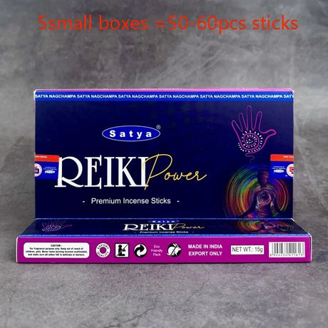 Box of Satya Reiki Power incense sticks on a gray background