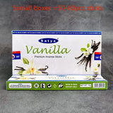 Box of Satya Vanilla premium incense sticks on a gray background