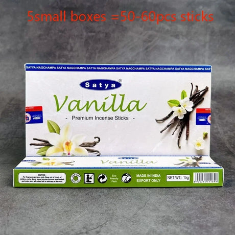 Box of Satya Vanilla premium incense sticks on a gray background