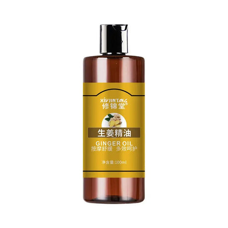 Bottle of ginger oil with a yellow label on a white background