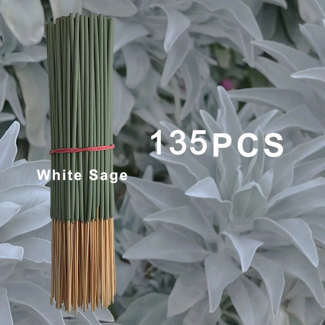 Bundled white sage sticks with '135 PCS' text against a white leafy background