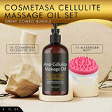 Cosmetasa Cellulite Massage Oil set with massage oil bottle and massager mitt on a neutral background