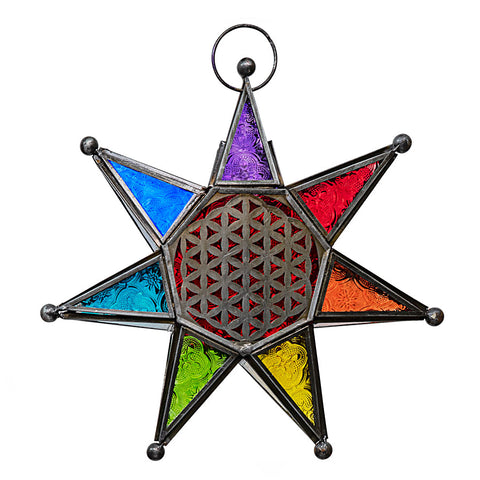 Chakra Star w/ Flower of Life T-Light Glass & Metal Lantern