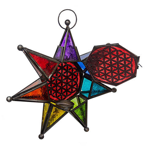 Chakra Star w/ Flower of Life T-Light Glass & Metal Lantern