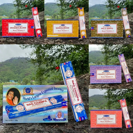 Collage of various incense box packaging with scenic background