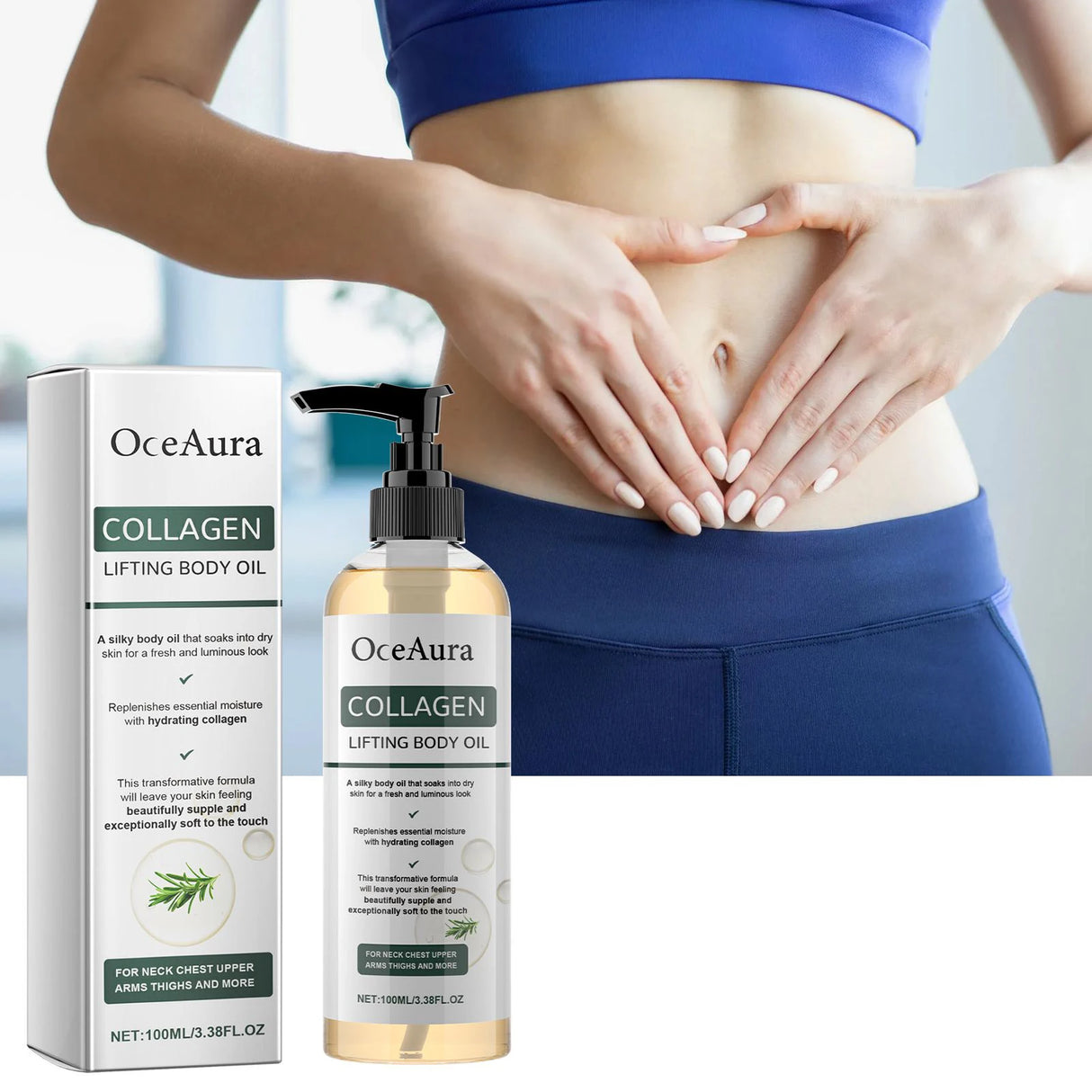 OceAura Collagen Lifting Body Oil with packaging and a person in blue athletic wear.