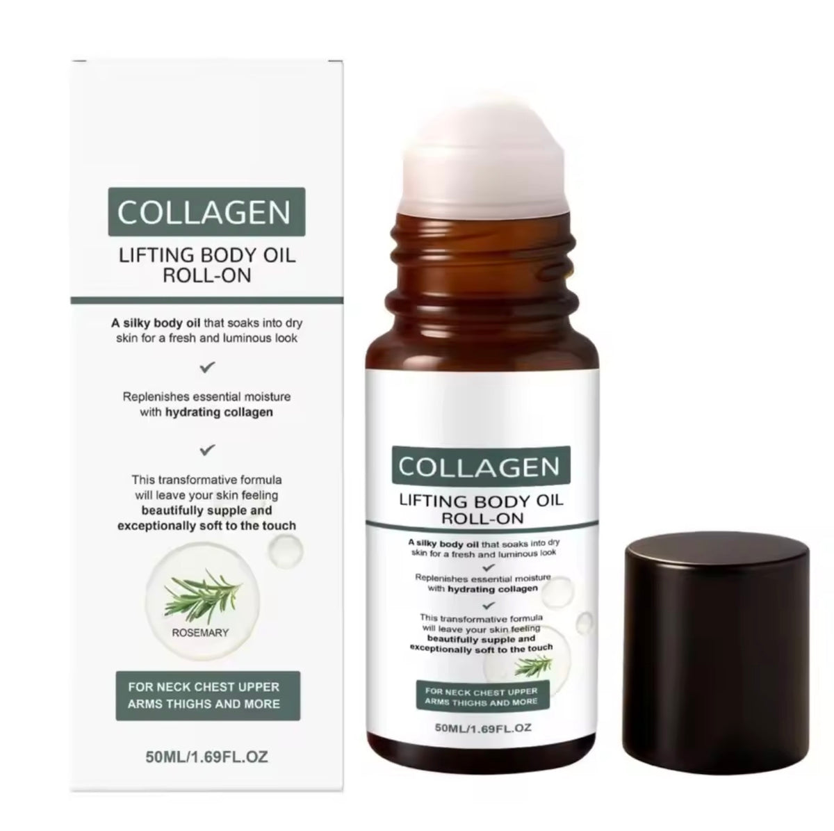 Collagen lifting body oil roll-on with packaging on a white background