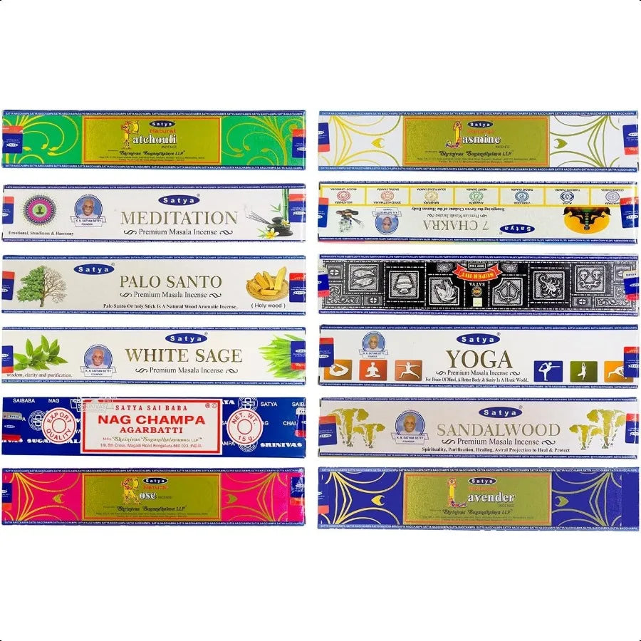 Collection of incense sticks in various scents and packaging designs on a white background
