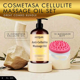Cosmetasa Cellulite Massage Oil set with massage oil bottle, massager mitt, and rock on a beige background