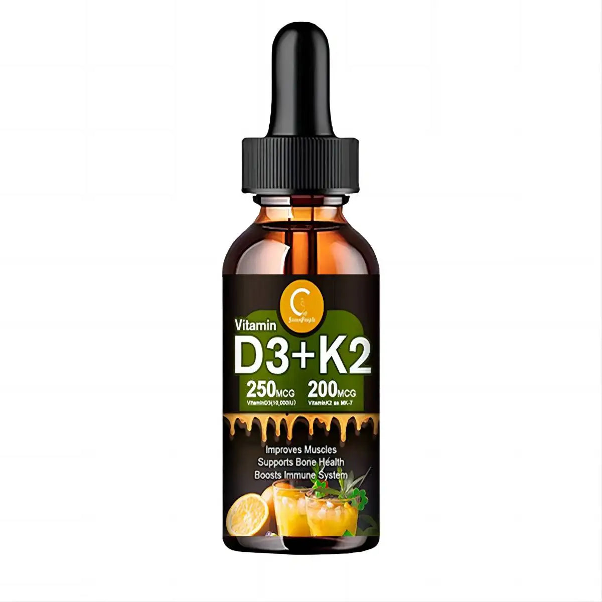 Vitamin D3+K2 dropper bottle with lemon and orange illustrations on a white background