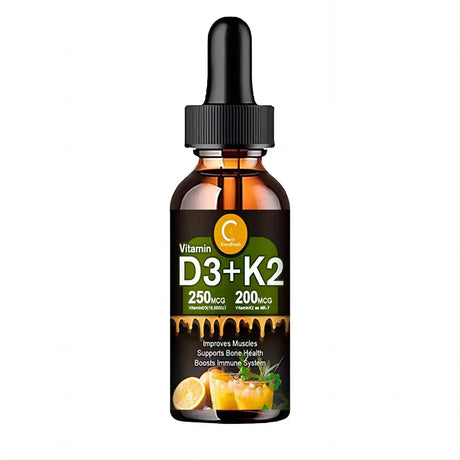 Vitamin D3+K2 dropper bottle with lemon and orange illustrations on a white background
