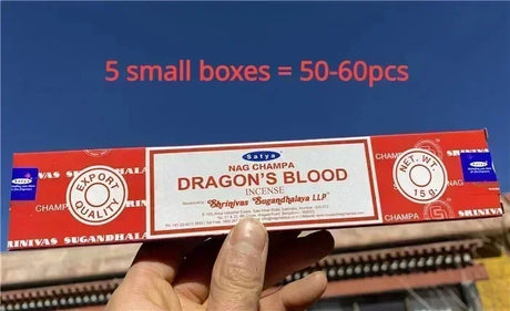 Box of Nag Champa Dragon's Blood incense with text indicating quantity