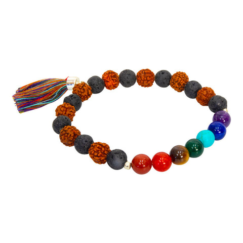 Chakra Elastic Bracelet 8mm Round Beads w/ Lava & Rudraksha