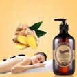 Essence oil bottle with a woman receiving a massage and ginger root on a yellow background