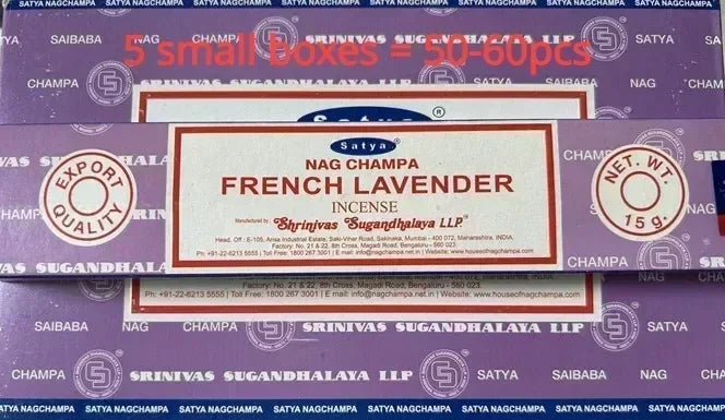 Nag Champa French Lavender incense packaging with branding and product details.