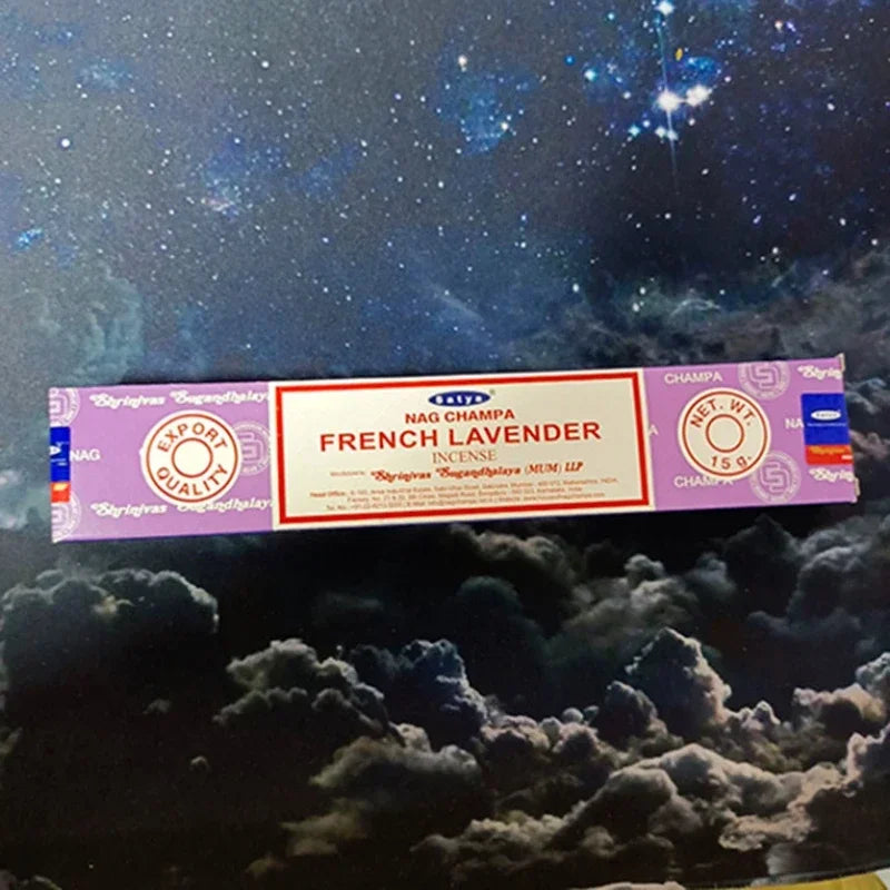 French Lavender incense packaging with a space-themed background