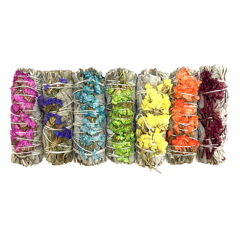 Gift Pack - 7 White Sage with Sinuata Flower Smudge Sticks 3-4" (Chakra Colors)