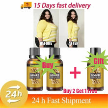 Advertisement for Ginger Essential Oil with 'Before' and 'After' images of a woman, product packaging, and promotional text.
