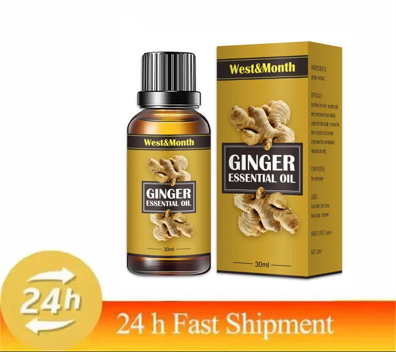 Ginger essential oil bottle and packaging with 'West&Month' branding on a white background.