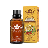 Ginger essential oil bottle and packaging on a white background