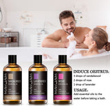 Three bottles of MayJam essential oils with a couple in a bathtub in the background.