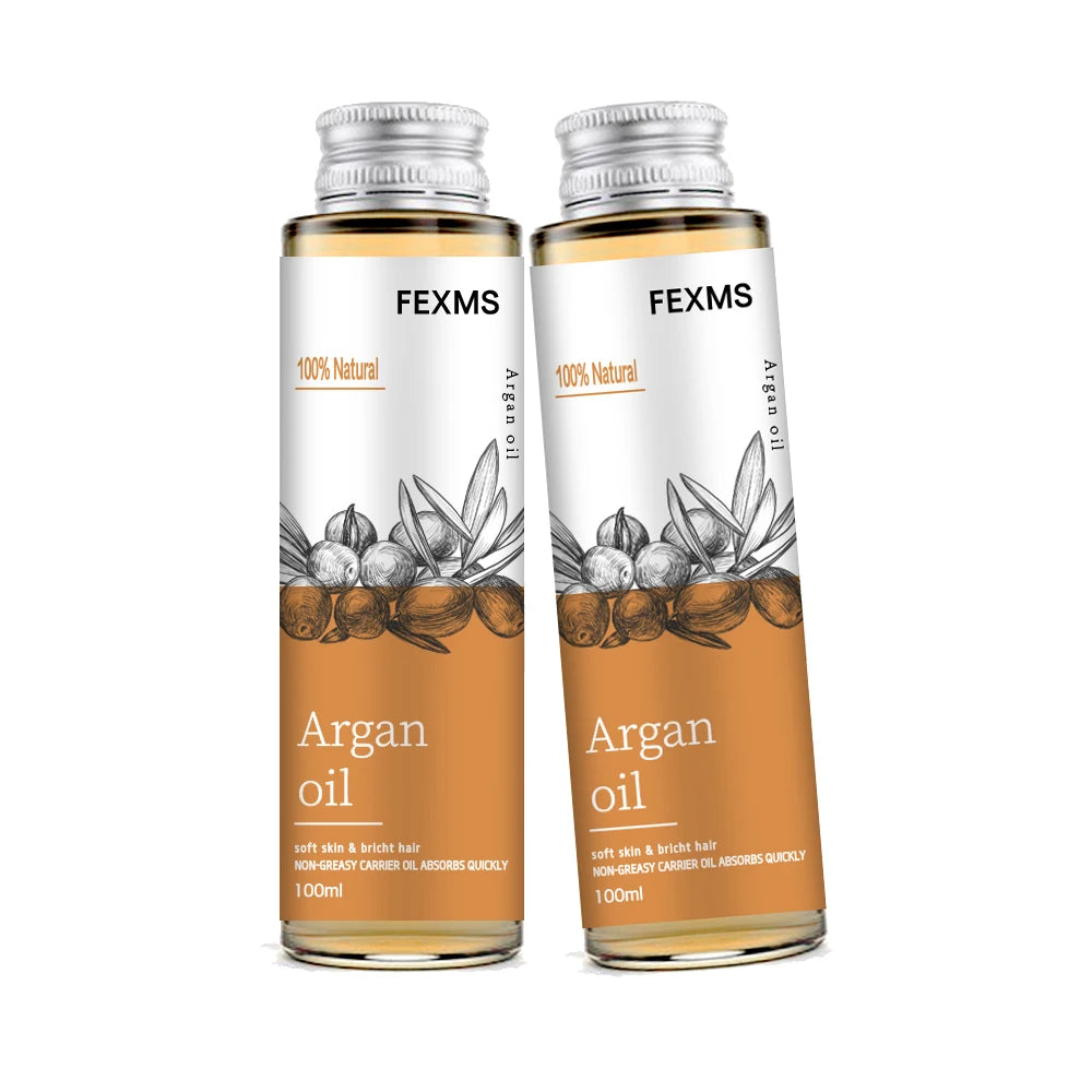 Two bottles of FEXMS Argan oil on a white background