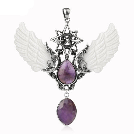 Pendant with wings and purple stones on a white background