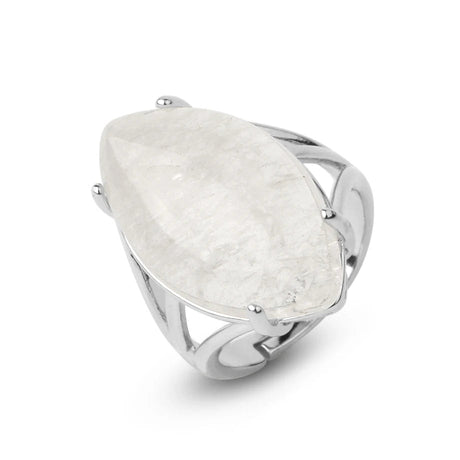 Silver ring with a large, teardrop-shaped stone on a white background