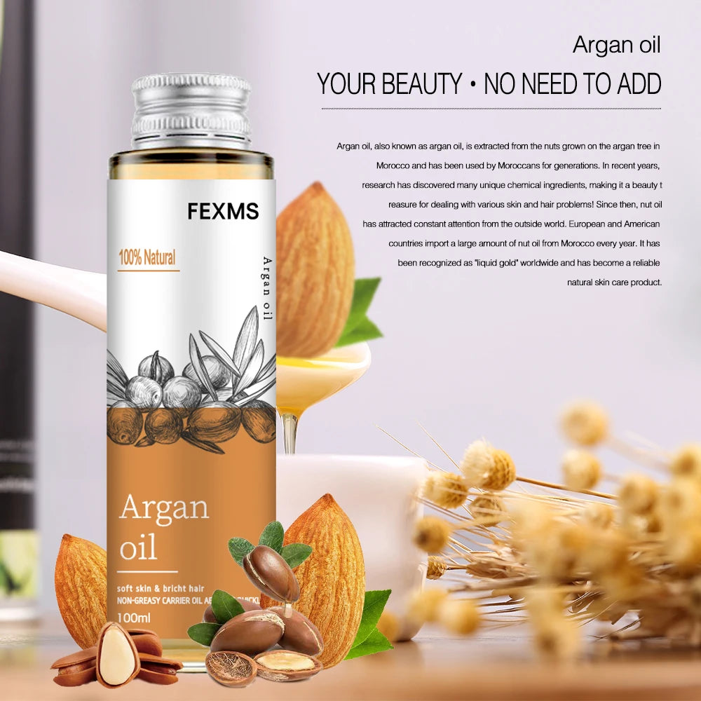 FEXMS argan oil bottle with almonds and a blurred background