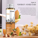 FEXMS argan oil bottle with almonds and a blurred background