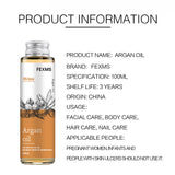 FEXMS Argan oil product information on a white background
