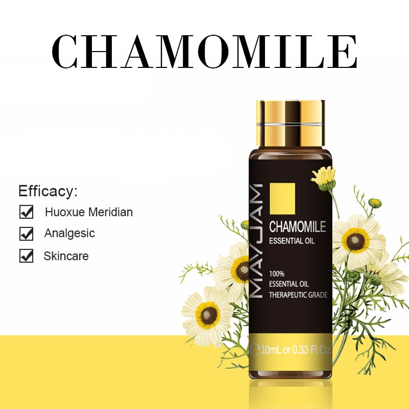 Mayuam Chamomile essential oil bottle with flowers on a white background