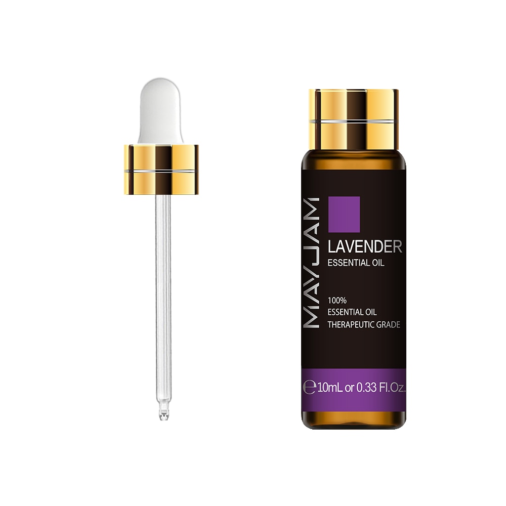 Mayuam lavender essential oil bottle with dropper on a white background