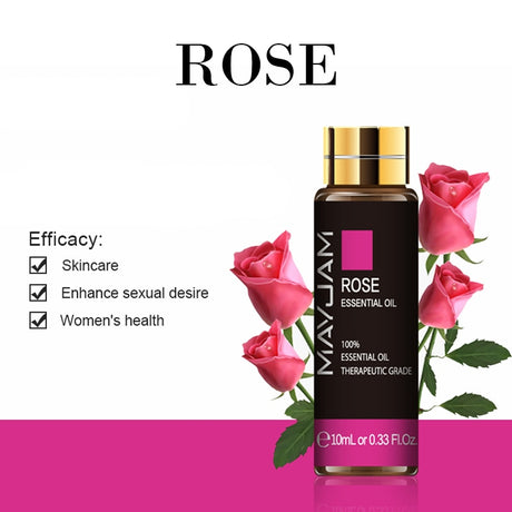 Mayu Jam Rose Essential Oil bottle with pink roses on a white background