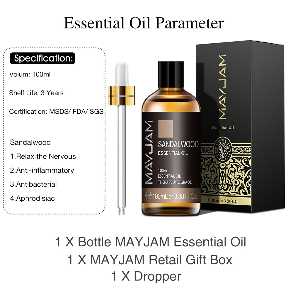 MAYJAM Sandalwood essential oil bottle, dropper, and packaging on a white background