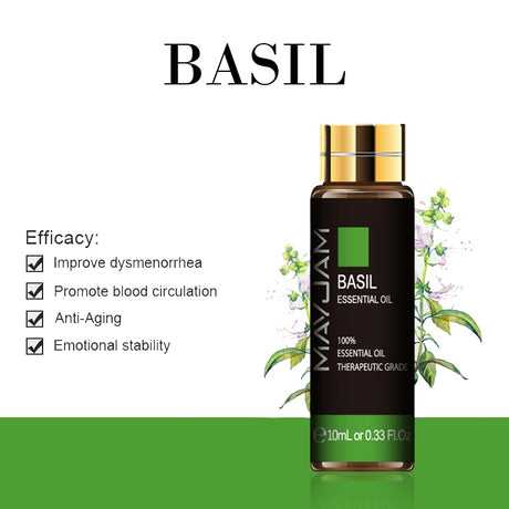 Basil essential oil bottle with therapeutic grade label on a white background