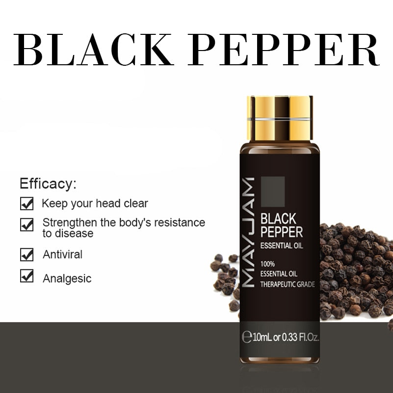Mayu Jam Black Pepper Essential Oil bottle with black pepper grains on a white background