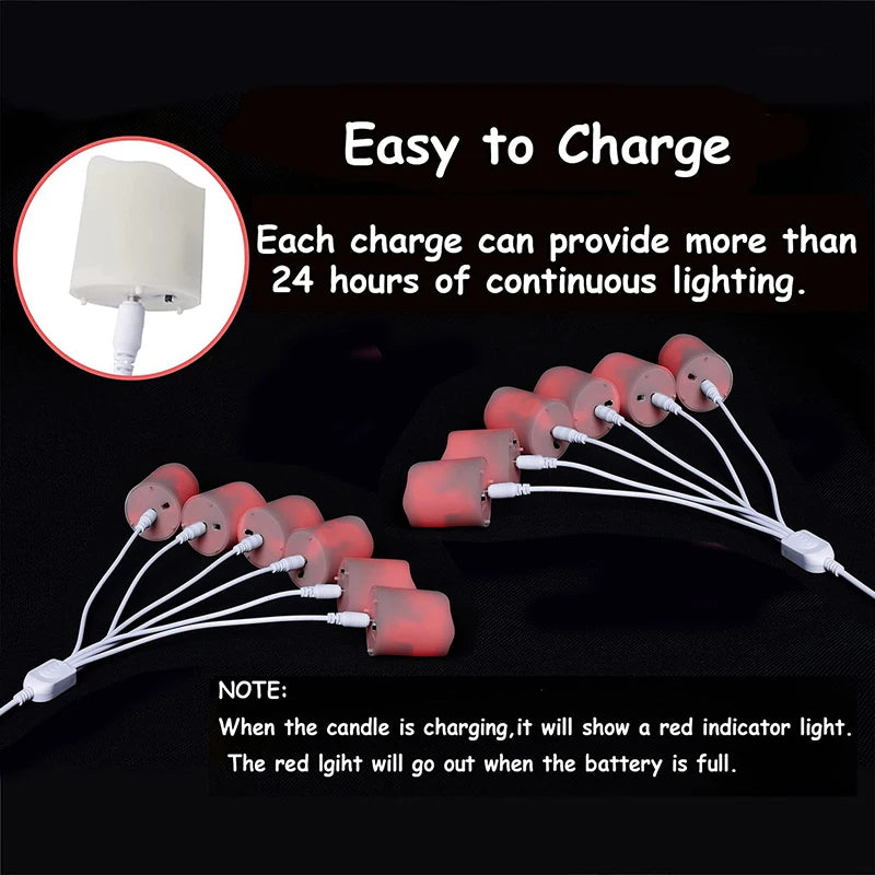 Candle lights with charging cables on a black background, highlighting ease of charging.
