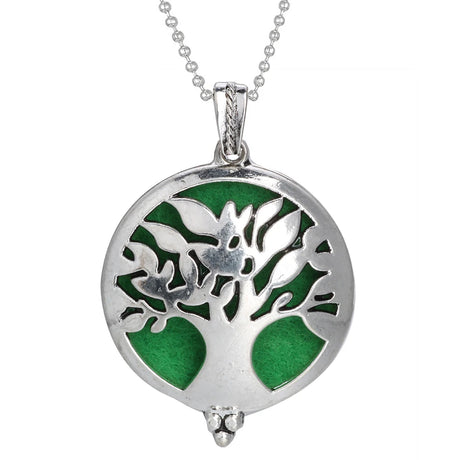 Silver and green pendant necklace on a white background