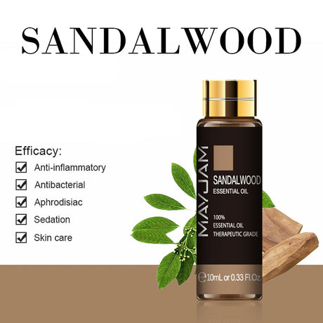 Sandalwood essential oil bottle with leaf graphics and efficacy list on a white background